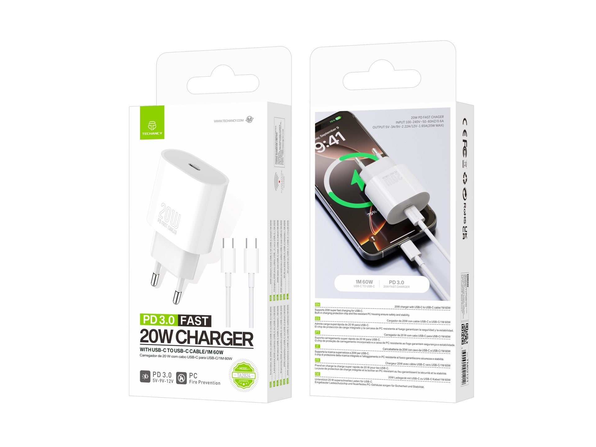 Techancy Carregador TA2824 PD3.0 20W com Cabo USB-C para USB-C Compativel com Tablets Portateis Telemoveis Android