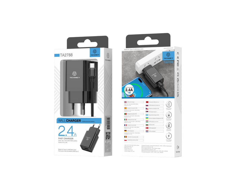Techancy Carregador De Telemóvel Preto  TA2788, Saída Usb 5v-2.4a Carregamento, Conjunto De Carregador De Cabo Usb-Tipo C 1m-1