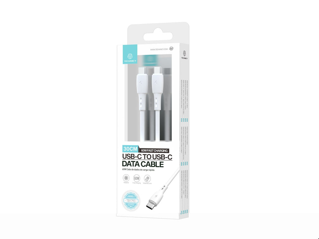 Techancy Cabo De Dados USB C to USB C Branco TB1778, Carregamento Pd60W, 30cm Adequado Para Utilização Com Power Bank