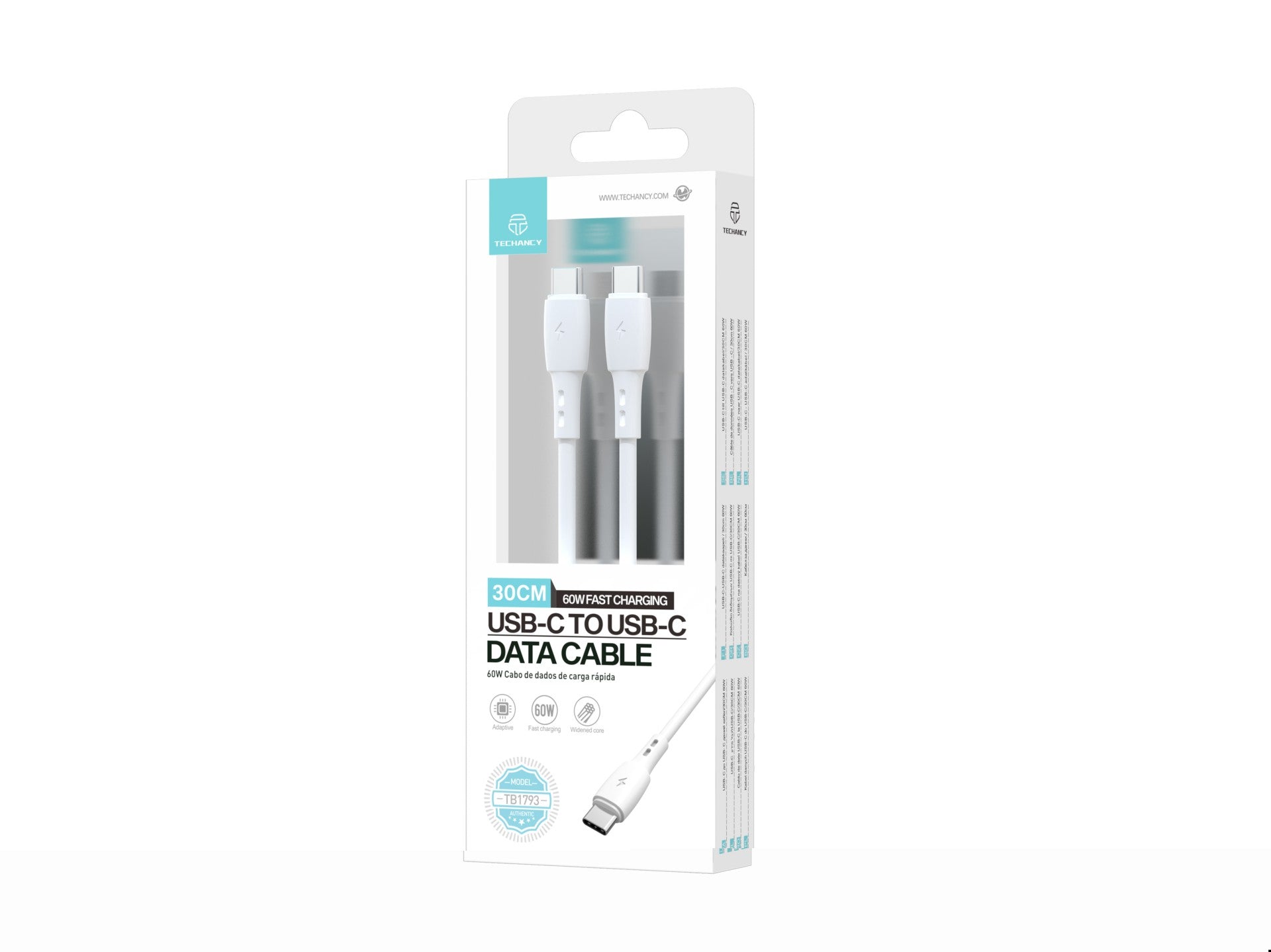 Techancy Cabo De Dados USB C to USB C Branco TB1778, Carregamento Pd60W, 30cm Adequado Para Utilização Com Power Bank