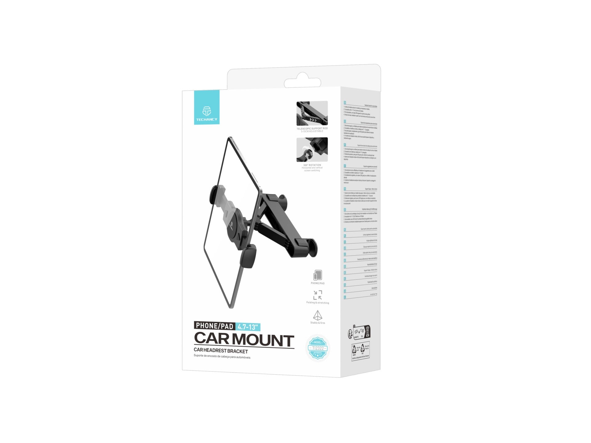 Techancy Suporte Para Banco Traseiro Do Automóvel TI2322, Para Dispositivos De 4,7-13 Polegadas Giro De 360 Preto-4