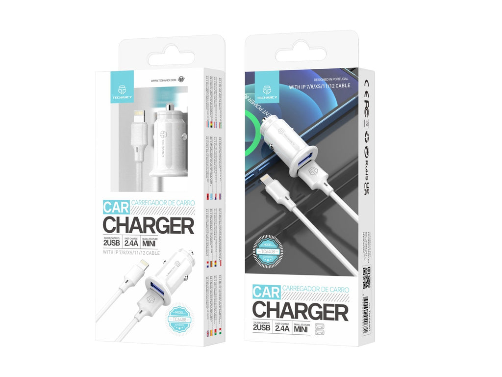 Techancy Carregador De Automóvel Mini  TC6408, Carregamento 2usb 2.4A, Kit De Dados Com Cabo Usb-Lightning 1m,branco-1