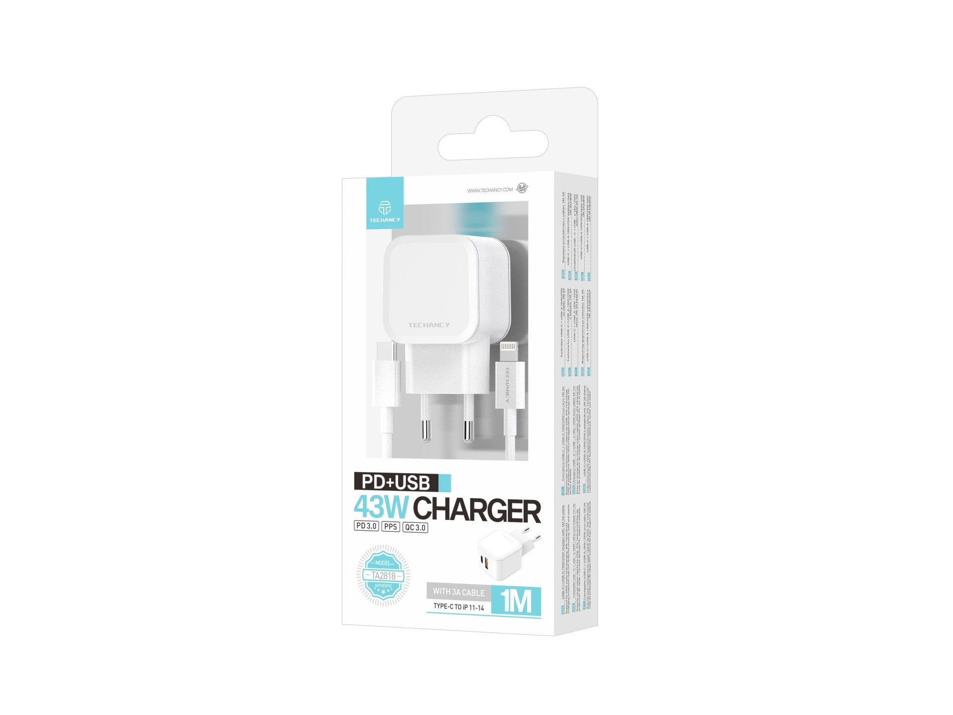 Techancy Carregador Rápido 43W Branco TA2813, Porta Dupla Pd+Usb, Conjunto De Cabos Usb C Para Lightning 1m/30w
