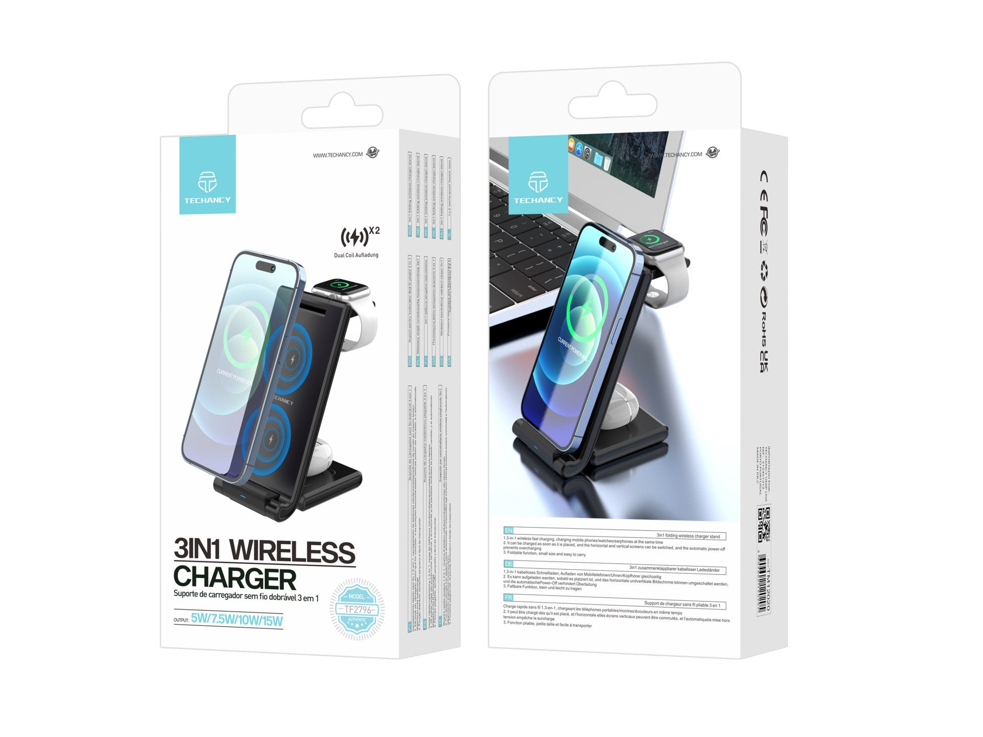 Techancy Carregador Sem Fios 3 Em 1 De 15W TF2796, Compatível Com Telemóveis Com Ecrã Dobrável, Auscultadores E Relógios-1