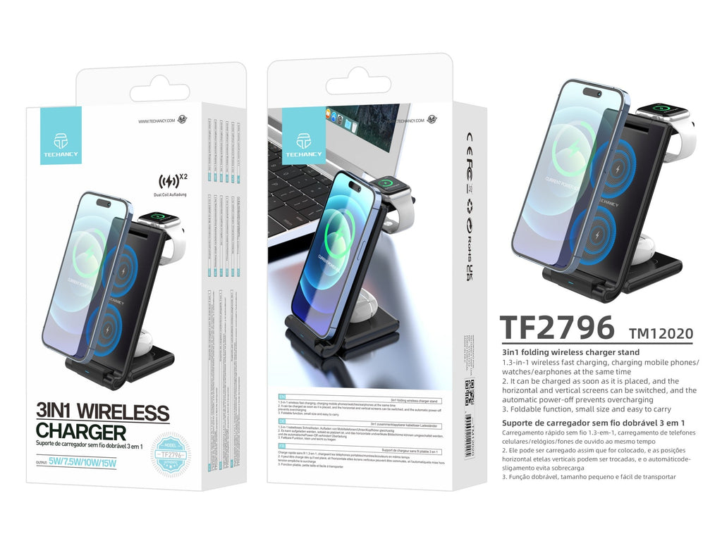 Techancy Carregador Sem Fios 3 Em 1 De 15W TF2796, Compatível Com Telemóveis Com Ecrã Dobrável, Auscultadores E Relógios-2